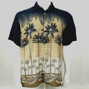 Campia Moda Mens Black 100% Rayon Short Sleeve Hawaiian Shirt Palm Trees